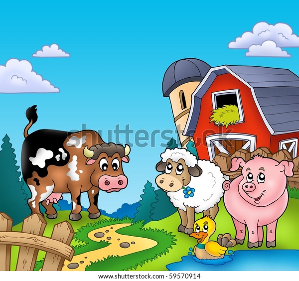 Red Barn Farm Animals Color Illustration Stock Illustration 59570914