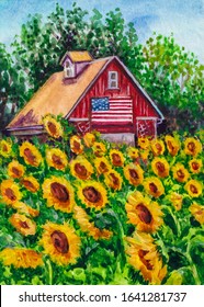 Red Barn On The Farm. American Flag. A Lot Of Sunflowers. Watercolor Painting.