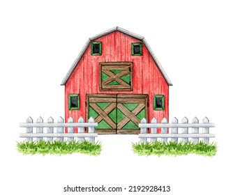 Red Barn With White Fence. Watercolor Illustration. Vintage Style Farm, Ranch House. Red Wooden Barn Edged With White Fence And Green Grass. Farm And Countryside Element. White Background