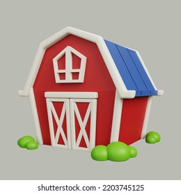 Red Barn Wooden Building, Storage Room For Grain, Stock And Hay Warehousing Isolated. Farm And Agriculture Icon Set. Cute Cartoon Style 3d Render Illustration.