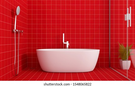 Red Bathroom Interior Bathtub, 3D Rendering