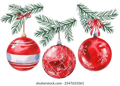 Red baubles with pine branch. Christmas ornament set, holiday decoration isolated. Watercolor festive winter glass balls - Powered by Shutterstock