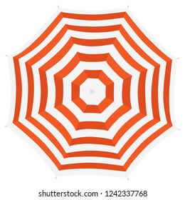 Red Beach Umbrella. Top View, Striped Design. Isolated On White Background