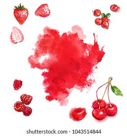 Red berries and juicy splash on white background. Hand-painted watercolor illustration set