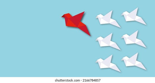 Red Bird With White Birds On Blue Background. Winner Or Leadership And Success Concept. Shadow Overlay. Copy Space For The Text. Illustration Of Paper Cut Design Style.