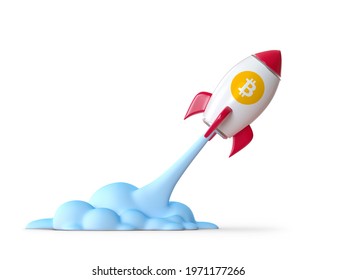 Red Bitcoin Rocket Fly To Sky On White Background Isolated 3d Rendering Illustration
