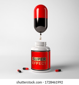 Red and black balloon in a capsule shape, flying out of a jar on a white background. Creative concept on the subject of tablets with super effect. 3D rendering illustration.
