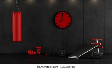 Red And Black Boxing Gym With Punching Bag,boxing Gloves And Bench 3d Rendering