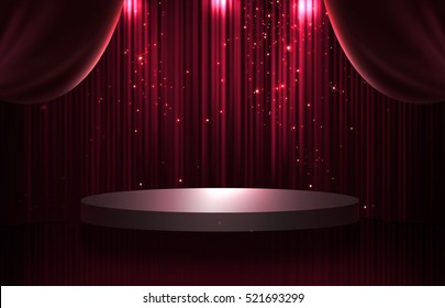 Red And Black Curtain And Round Stage In The Dark With Spotlight, Glittering And Sparkling Stars