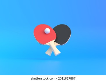 Red and black rackets for table tennis with white ball on blue background. Ping pong sports equipment. Minimal creative concept. 3d rendering illustration