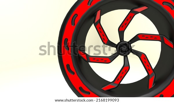 Red Black rim. High resolution Mag wheel. 3D\
Rendering. White\
background.