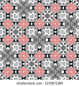 Red Black Seamless Arabesque Mosaic Bandana Pattern. Modern Masculine Neckerchief Geometric Scarf Print, Abstract Graphic Fashion And Wallpaper Art Tile.