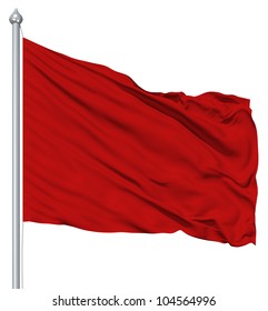 Red Blank Flag With Flagpole Waving In The Wind Against White Background