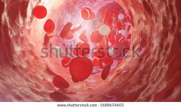 Red blood cells inside an artery, vein. Flow\
of blood inside a living organism. Scientific and medical concept.\
Transfer of important elements in the blood to protect the body. 3d\
illustration
