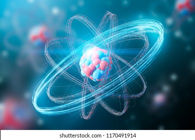 Red And Blue Abstract Atom Nucleus Model Over A Blurred Red Blue Atoms Background. Concept Of Science And Research. 3d Rendering Mock Up Toned Image