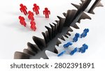 Red and blue colored stick figures separat.ed by the cliff. Communication breakdown concept. 3D illustration