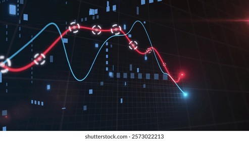 Red and blue fluctuating lines with data points over digital grid image. analytics, technology, futuristic, information, visualization, pattern