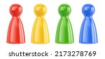 Red, blue, green and yellow glossy board game pawns isolated on white background. Plastic toy figures close up. 3D illustration