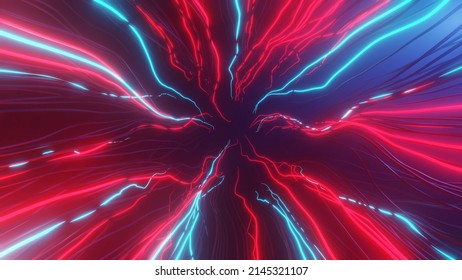 Red And Blue Neon Lightning 3d Illustration. Retrowave Background Of Infinite Tunnel