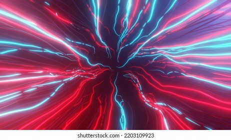 Red And Blue Neon Lightning 3d Illustration. Retrowave Background Of Infinite Tunnel. 3D Illustration