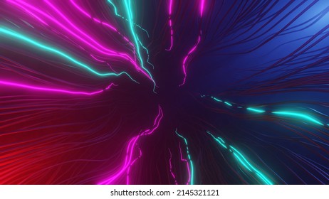 Red And Blue Neon Lightning Gaming Style Background. 3d Illustration Of Dark Futuristic Background