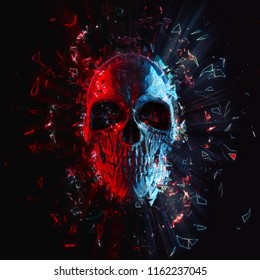 Red And Blue Neon Polygon Glowing Skull - 3D Illustration