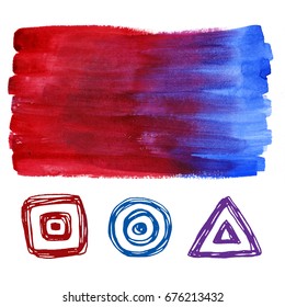 Red And Blue Ombre Watercolor Banner And Geometry Icons.