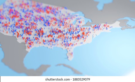 Red And Blue Simple Human Figures Over A US Map, Representing Republican And Democratic Voters. Digital 3D Render.