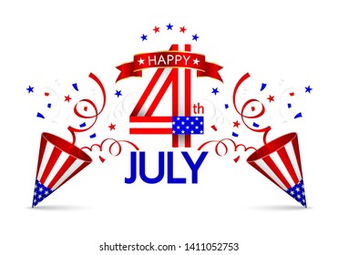 Red, Blue And White Ribbon Of Paper Shoot. Celebrating Fourth Of July Independence Day. Illustration Isolated On White Background.