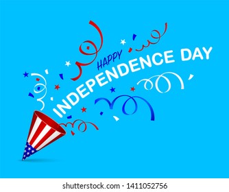 Red, Blue And White Ribbon Of Paper Shoot. Celebrating Fourth Of July Independence Day. Illustration Isolated On Blue Background.