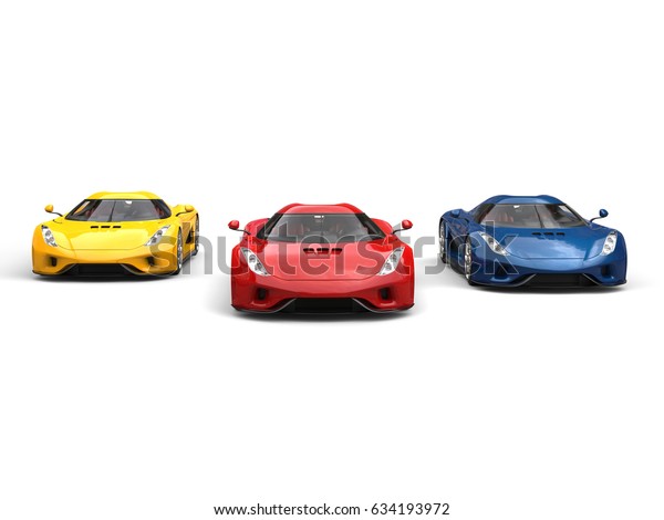 Red, blue and yellow super cars racing -\
front view - 3D\
Illustration