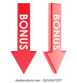 Red bonus arrows down pointing, front and perspective views. 3D rendering isolated on white background