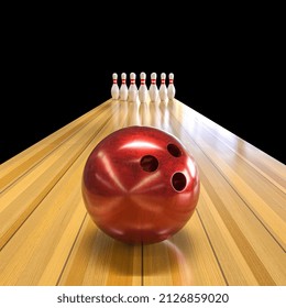 Red Bowling Ball With Classic Track And Skittles. 3d Render