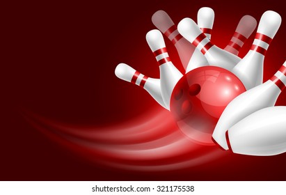 Red bowling ball crashing into the white glossy skittles. Illustration on sport bowling theme.