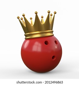 Red bowling ball crowned with a gold crown isolated on white background. 3D rendering illustration