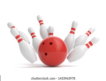 Red Bowling Ball and scattered white skittles isolated on white background. Realistic game set. 3D rendering illustration