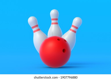 Red Bowling Ball And White Pins On Blue Background. Active Sport. Hobby And Leisure. Competition And Championship. 3d Rendering