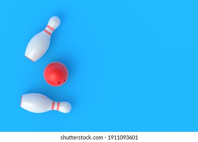 Red Bowling Ball And White Pins On Blue Background. Active Sport. Hobby And Leisure. Competition And Championship. Copy Space. Top View. 3d Rendering