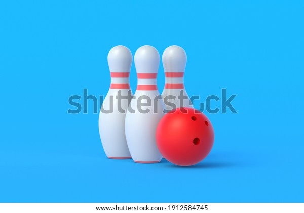 Red bowling ball and white pins on blue\
background. Active sport. Hobby and leisure. Competition and\
championship. 3d\
rendering