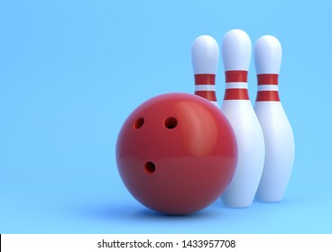 Red Bowling Ball And White Skittles Isolated On Blue Background. Realistic Game Set. 3D Rendering Illustration