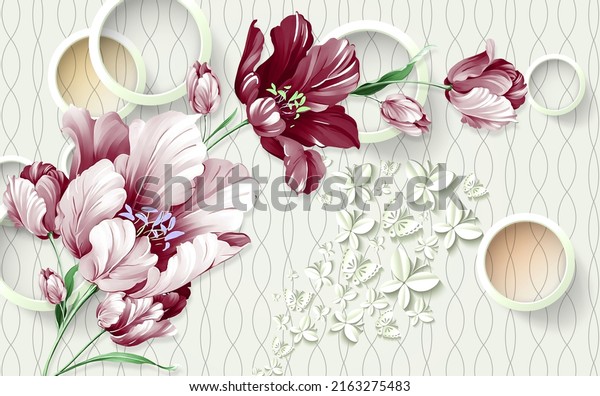 red branch flowers with wave lines background 3d