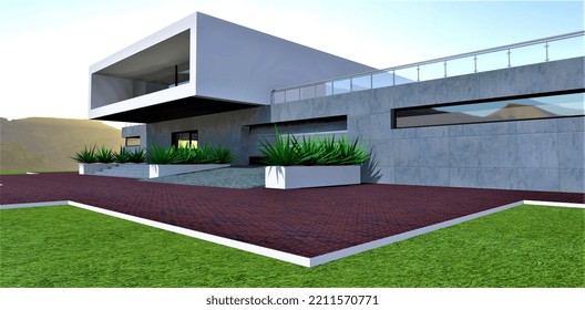 A Red Brick Paving Slab In Front Of The Concrete Porch Of A Stylish Country Home. Convenient Garage With A Ramp And Lifting Metal Gates. Lots Of Green Plants. 3d Rendering.