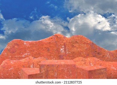 Red Brick Stone Plinth White Cloudy Sky Background 3d Illustration