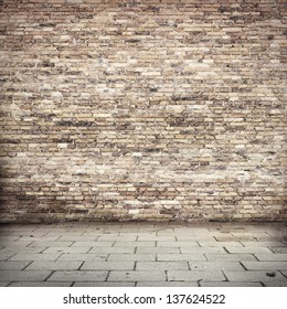 Red Brick Wall Texture Grunge Background, Loft Or Basement With Tile Floor