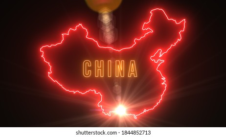 Red Bright Light Mainland China Map And Lettering Neon Sign With Optical Lens Flare