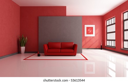 Red And Brown Minimalist Living Room - Rendering - The Art Picture On Wall Is A My Composition