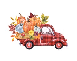 Red Buffalo Plaid Truck With Pumpkins. Hand Painted Watercolor Illustration. Vintage Cartoon Car And Fall Seasonal Vegetables And Leaves. Thanksgiving Decor.