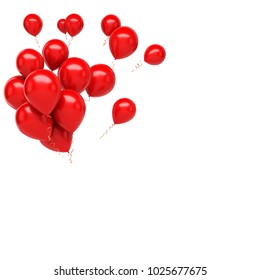 Red Bundle Of Baloons On The Top Left Corner Isolated On White Background. 3D Illustration Of Celebration, Party Baloons