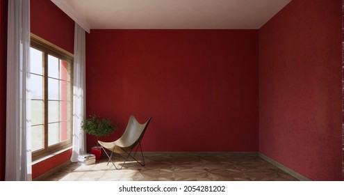 Red Burgundy Rustic Wall. Idea Of The Minimal Living Room With Leather Lounge Chair And Plant On The Floor. Light Sense In Window. Home Background Interior. 3D Illustration