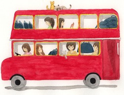 Red Bus With Girls And Cat Illustration